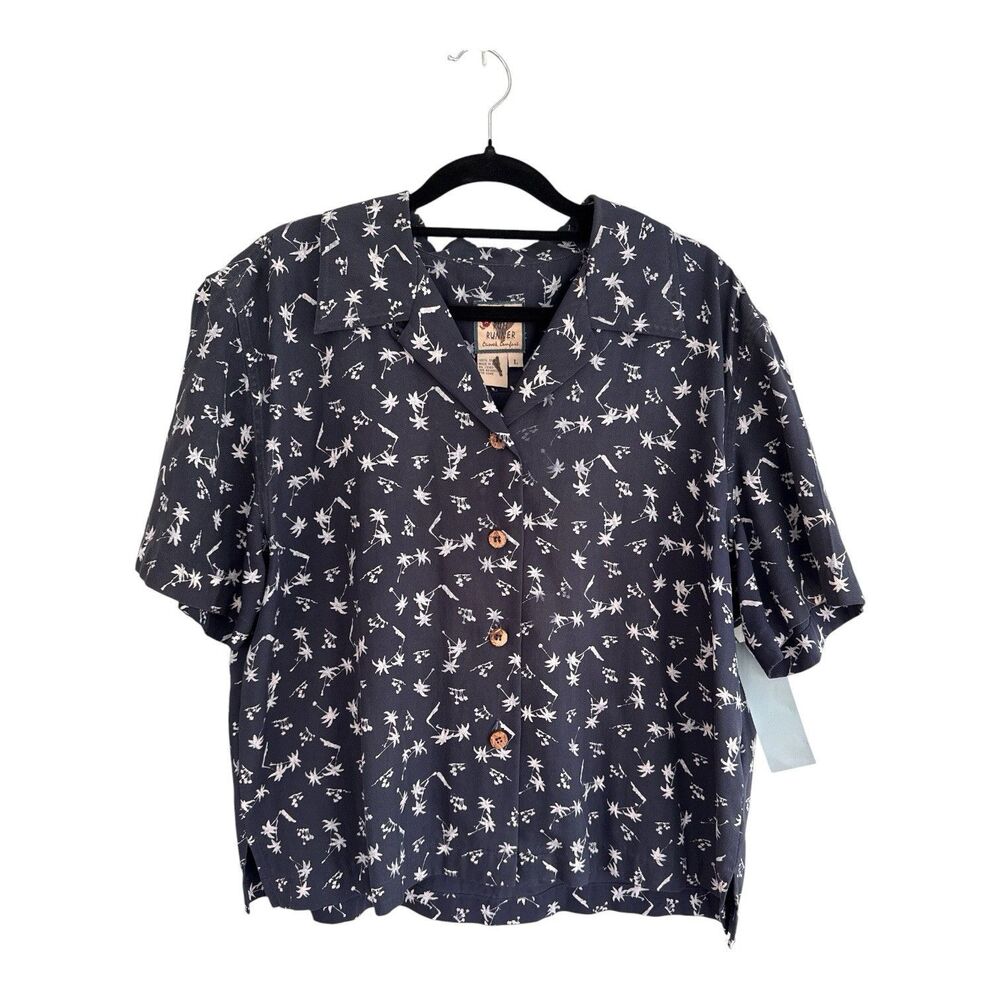 Rum Runner Hawaiian Top Blue White 100% Silk Floral Crop Button Up Shirt Large